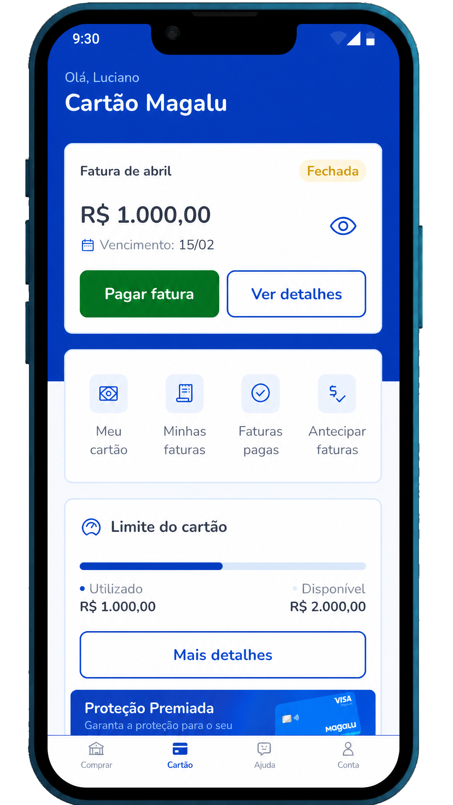 Celular com o aplicativo do Cartão Magalu